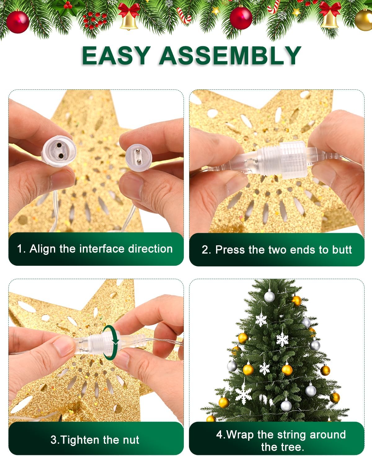 Kesfitt Christmas Tree Topper with 10M Warm Light Cord, Tree Top Star Decoration with 6 Projection Modes, Gold Tree Topper Lighted 3D Glitter Dynamic Projection for Xmas Party Holiday