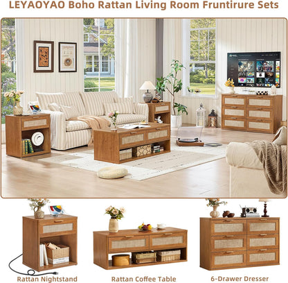 LEYAOYAO Boho Rattan Coffee Table Sets 3 Pieces, Nightstand with Charging Station and Coffee Table with Hidden Storage Compartment, Brown Living Room Table Set, Wood Furniture Sets for Home Office