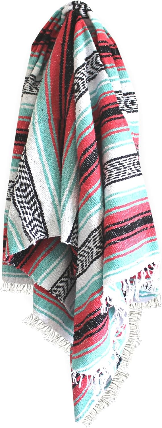 Del Mex Classic Mexican Blanket, Large Authentic Woven Falsa Throw (70"x50"), Artisan Southwest Décor for Beach, Yoga, Outdoors (Pink/Mint)