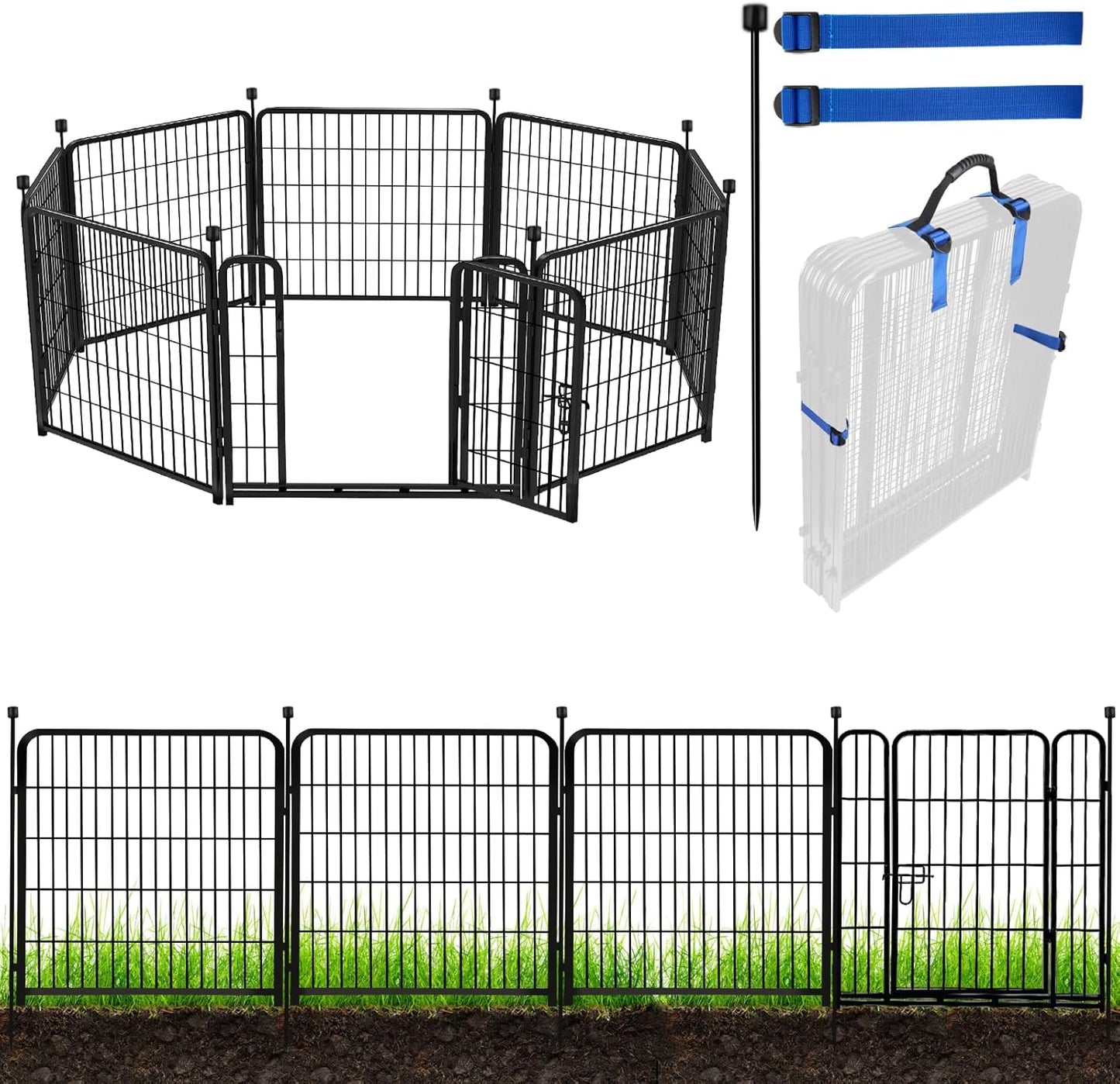 ADAVIN 32 in(H) Garden Fences and Borders,1 Gate+7 Panels Dog Fence Outdoor for Yard, Heavy Duty Iron Metal Animal Barrier Fence, Portable Fence, Flower Garden Fencing,Total 17.7 Ft(L), Black