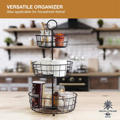 REGAL TRUNK & CO. 3 Tier Fruit Basket, Elegant French Country Wire Baskets, Three Tiered Wire Basket Stand for Vegetables, Bread & More for Countertop or Hanging, Christmas or Birthday Present