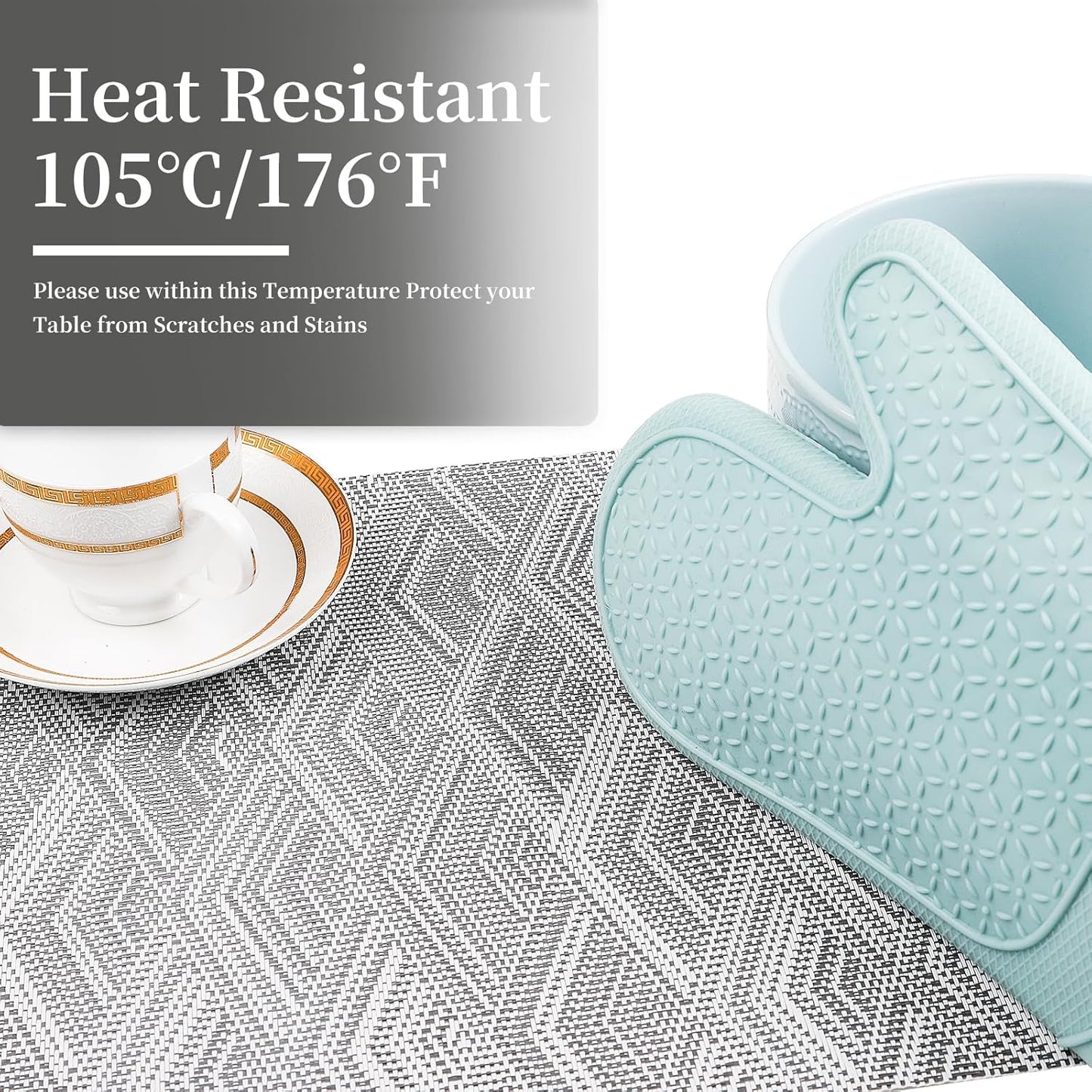 Vinyl Plastic Placemats Set of 6 Washable Heat Resistant Non-Slip Elegant Indoor Outdoor Kitchen Dining PVC Woven Table Place Mats (Grey Rhombus)