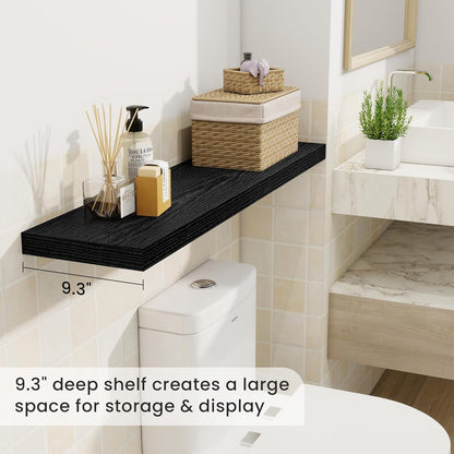 Fun Memories 40" Rustic Wood Floating Shelves with Invisible Brackets for Storage & Decor, Deep Wall Mounted Shelves for Bathroom, Kitchen, Living Room (Black, Set of 2)