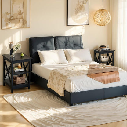 ALPHA HOME Side Tables Farmhouse End Table Set of 2, Small Bedside Tables 3-Tier Storage Shelf for Small Spaces, Couch End Tables, End Table for Living Room, Bed Room, Black