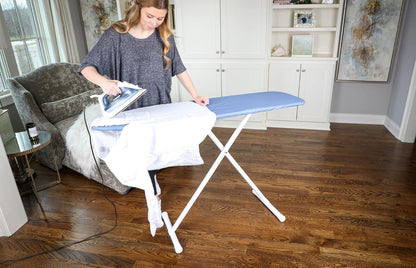 54" Full-Size Adjustable Ironing Board w/Thick Pad Cover, Leg Locking System, Foldable and Collapsible, Heavy-Duty Alloy Steel Construction, Space Saving Design - Blue