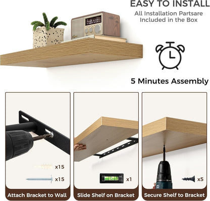 Floating Shelves for Wall, 2 Large Wall Mounted Shelves with Invisible Brackets, Long Wood Floating Wall Shelf Shelves for Living Room, Bedroom, Kitchen, (Oak, 24" W x 9" D x 1.5" H)