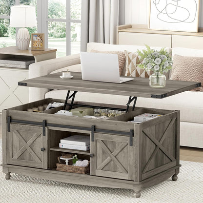 48" Farmhouse Lift Top Coffee Table with Storage Sliding Barn Door & Large Hidden Compartment, Coffee Table with Lifting Top with Wooden Lift Tabletop, Coffee Tables for Living Room, Grey