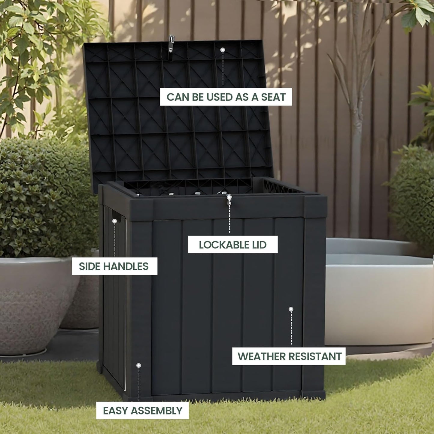 50 Gallon Storage Box, Waterproof Deck Box for Indoor & Outdoor Use, Lockable Pool Storage Bin for Package Delivery, Outdoor Bench for Patio Cushions, Garden Tools, Backyard, Black