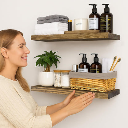 BGMG 30 inch Walnut Floating Shelves for Wall Set of 2,High End Solid Real Wood 30 in Floating Shelf,Rustic Wooden Wall Mount Shelves,Heavy Duty Bracket,30x6.7x1.25 inch