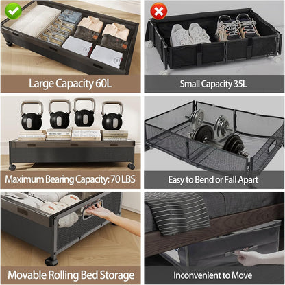 Under Bed Storage Containers with Wheels, Underbed Shoe Storage Organizer with Removable Lids, Large Rolling Under Bed Storage Dresser Drawers for Clothes Toys Shoes Blankets