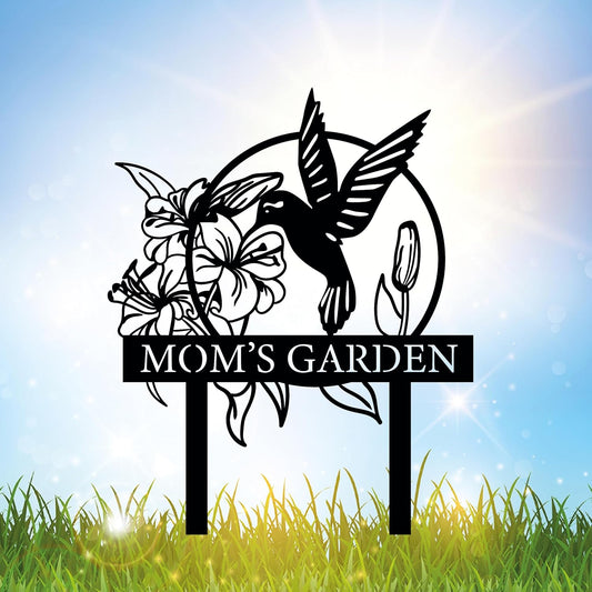 Custom Hummingbird Metal Garden Decor, Personalized Bird with Stakes Garden Sign, Flower Design Personalized Garden Sign, Custom Garden Name Sign, Home Gift, Large Outdoor Decor, Patio Decor