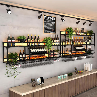 59in Wall Mounted Wine Rack, Wine Rack Wall Mounted With Wine Glass Rack, Metal Bar Bottle Display Shelf Wine Cups Hanging Holder, For Home Bar Cafe Dining Room Decoration (BLACK, 59*10*35.5inch)