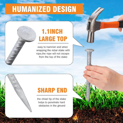 Tandefio 12 Pcs 14 Inch Rebar Stakes, 1/2 Inch Diameter Threaded Galvanized Steel Ground Anchors Plant Support Garden Stakes, Heavy Duty Metal Landscape Spikes for Speed Bump Tent