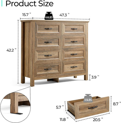 LINSY HOME Farmhouse 8 Drawers Dresser Chests for Bedroom, Wood Dresser Wide Chest of Drawers, Storage Dressers Organizer for Bedroom, Living Room,Hallway, SGS Certified