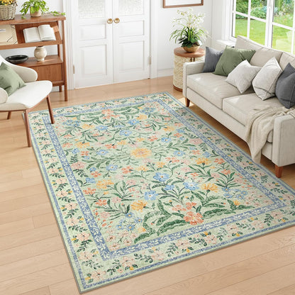 Wonnitar Washable Floral 6x9 Rug, Soft Green Area Rug Boho Non Slip Dining Room Carpet, Non-Shedding Flower Floor Carpets for Kids Bedroom Living Room Dorm Playroom