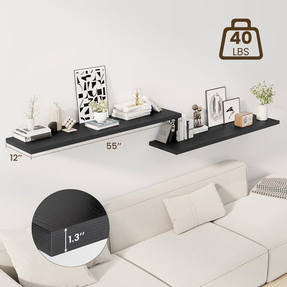 55" Floating Shelves for Wall, 12" Deep Slim Black Floating Shelves, Wall-Mounted Shelves for Bedroom, Living Room, Kitchen, Bathroom - Set of 2