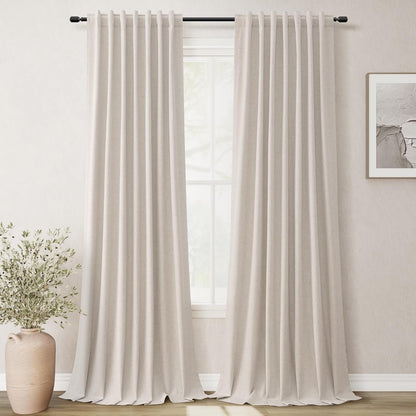 BOODII 100 Inch Blackout Curtains 2 Panels Set Back Tab Thermal Insulated Sand Beige Linen Textured Black Out Curtains Noise Reducing Neutral Living Room Darkening Window Drapes Pleated Look 52x100
