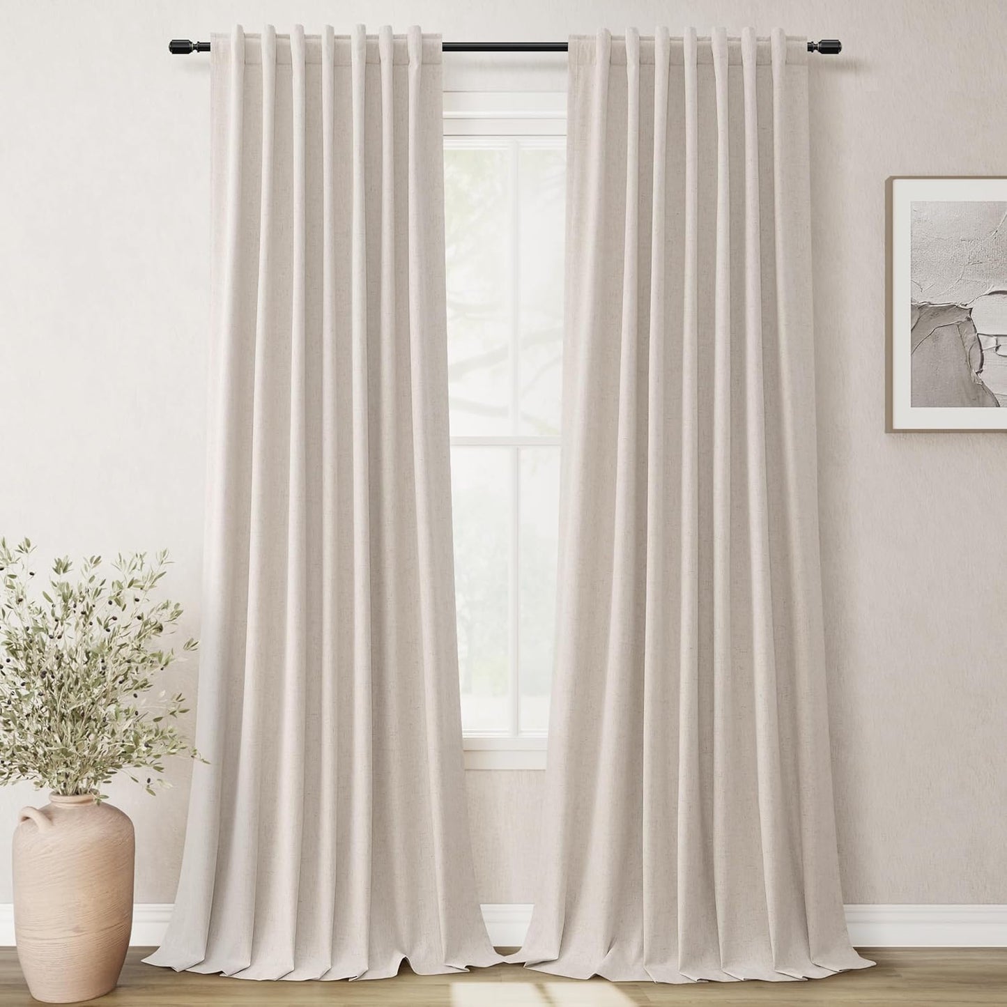 BOODII Full Blackout Curtains 90 Inches Long Room Darkening Curtain for Bedroom Sliding Door Thermal Insulated Black Out Curtains & Drapes Sand Beige Neutral Linen 2 Panels Set Back Tab 52x90