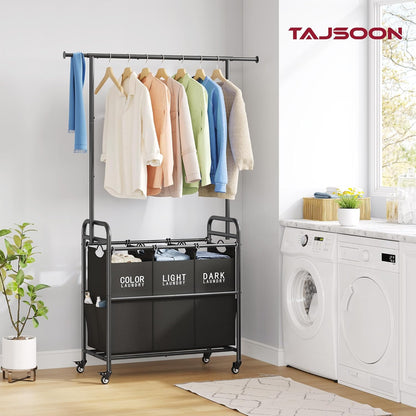 Tajsoon Laundry Sorter Cart with Hanging Rack, Laundry Sorter 3 Section, Laundry Hamper with Heavy Duty Rolling Lockable Wheels, Black