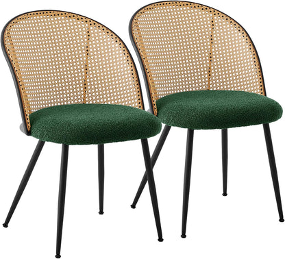 Rattan Dining Chairs Set of 2, Mid-Century Modern Kitchen Dining Room Chairs with Full Cane Backrest Armless Upholstered Farmhouse Boucle Dining Chairs with Metal Leqs for Dining Room, Green
