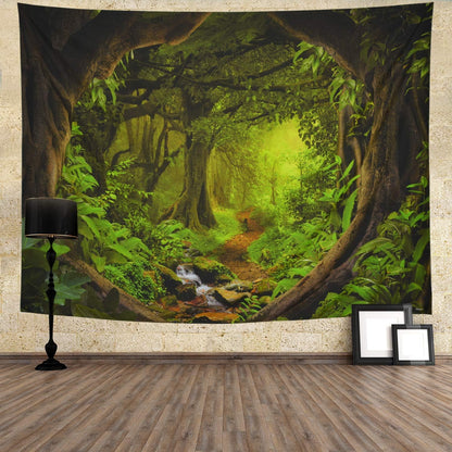 Tushelia Forest Nature Tree Cave Wall Hanging - Misty Forest Stream Through Rainforest Landscape Jungle Creek Psychedelic Tapestry for Living Room