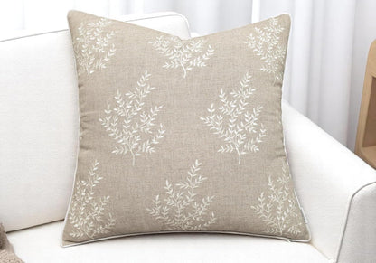 VAGMINE Embroidered Leaves Throw Pillow Cover - 20x20 Inches Square - 100% Linen Natural Throw Pillowcase - Elegant Neutral Leaf Design - Minimalist Rustic Home Accent for Sofa, Bed, Couch, Lounge