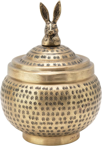 Creative Co-Op Round Hammered Metal Container with Rabbit Finial, Brass Finish