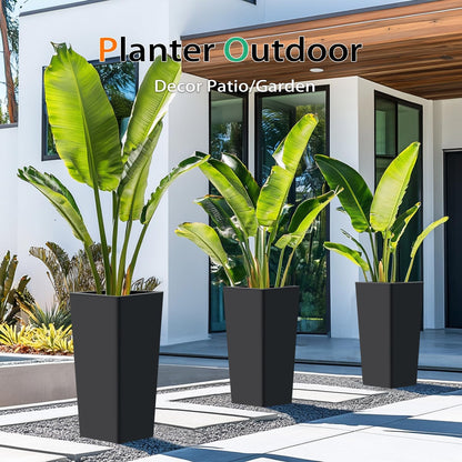 Tall Planters for Outdoor Plants, Large Resin Flower Pots for Garden, Front Porch, Patio, Indoor - Set of 2 (Black, 27.5 inch - 2 Pack)