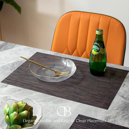 Placemats Set of 12 - Easy Clean Woven Vinyl Placemats for Dining Table, Indoor/Outdoor Place Mats, Washable PVC Table Mats（Black/Brown）