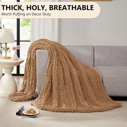 L'AGRATY Chunky Knit Blanket Throw: 50''x60'' Chenille Chunky Knitted Throw Blanket for Bed Couch - Handmade Thick Big Cable Knit Blanket - Large Crochet Rope Blanket for Home Decor(Tan)