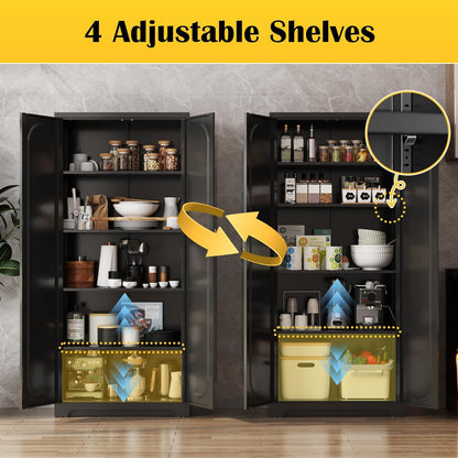 Metal Tall Black Cabinet, 71' Pantry Cabinet with Doors and 4 Adjustable Shelves, for Pantry, Laundry Room, Living Room, Dining Room