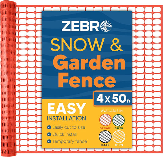 ZEBRO 4' x 50' Orange Plastic Garden Fence Roll – Standard Duty Safety Netting for Snow, Poultry
