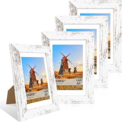 4x6 Picture Frame Set of 4, 4 x 6 Wood Photo Frames with Mat for 3.5x5, Rustic Natural Wooden Frame with Real Glass Cover for Wall and Tabletop Display,Distressed White