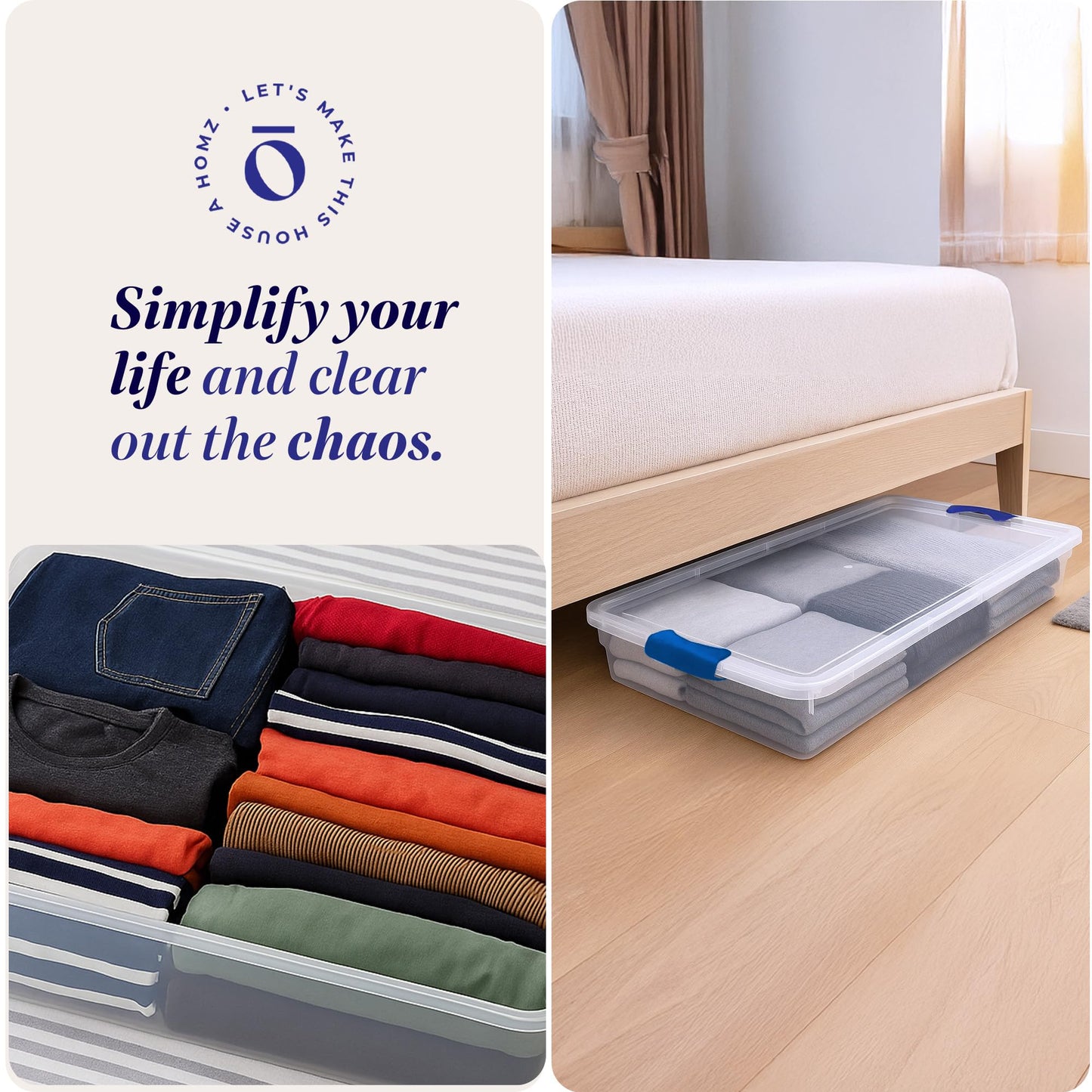 HOMZ Under Bed Clear Plastic Storage Bin w/Lid, 60 Qt, Blue Latch, 2 Pack