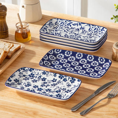 vancasso Selene 9.5 Inch Rectangular Dinner Plates Set of 6, Ceramic Salad Plates for Dessert, Appetizer, Porcelain Serving Platters for Entertaining, Microwave & Oven Safe, Vintage Blue & White Color