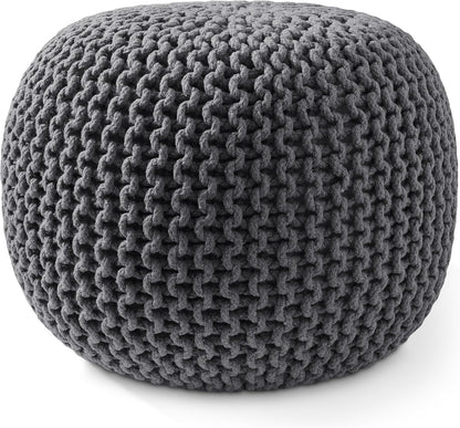 Casafield Round Pouf Ottoman, Dark Gray - 20" Diameter x 14.5" High Cotton Knit Foot Stool - Boho Floor Pouffe for Living Room, Bedroom, Home Office