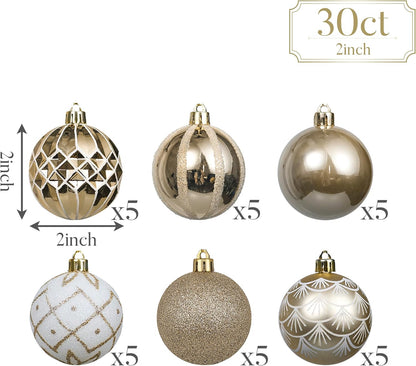 Valery Madelyn Christmas Ornaments Set, 30ct 2 Inches White and Gold Shatterproof Christmas Tree Decorations Ball Ornaments Bulk, Elegant Hanging Ornaments for Xmas Holiday Party Decor