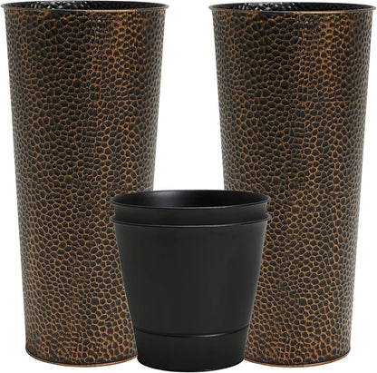 Worth Garden 2-Pack 28" H. Metal Planters with 2X Inside Pots - Hand-Hammered Texture Tall Narrow Cone Plant Pots - Large Handcrafted Bronze Flower Pot for Indoor Outdoor, Deck, Patio, Front Porch