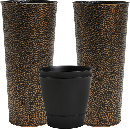 Worth Garden 2-Pack 28" H. Metal Planters with 2X Inside Pots - Hand-Hammered Texture Tall Narrow Cone Plant Pots - Large Handcrafted Bronze Flower Pot for Indoor Outdoor, Deck, Patio, Front Porch