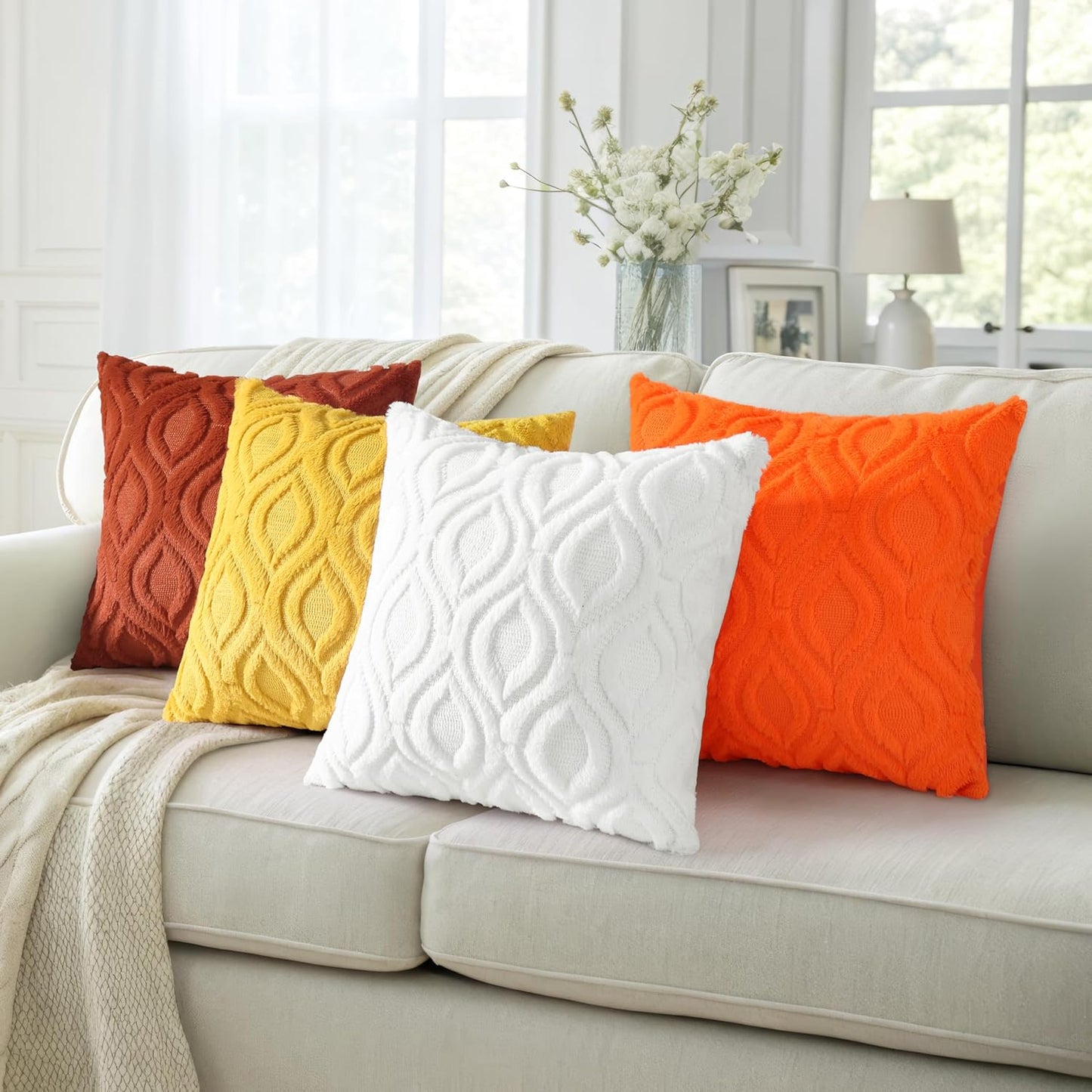 decorUhome Fall Throw Pillow Covers 12x20 Inch Set of 2, Soft Plush Decorative Faux Fur Orange Solid Couch Pillow Covers, Accent Farmhouse Neutral Lumbar Euro Pillow Cases for Sofa Bed Living Room
