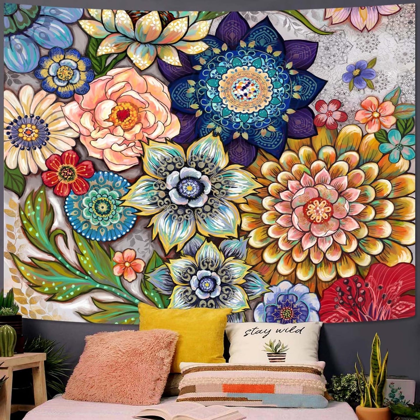 Neasow Colorful Floral Tapestry Wall hanging, Bright Boho Fabric Blossom Tapestries, Multi Color Tapestry for Bedroom Home Hippie Wall Decor 60×80 inch