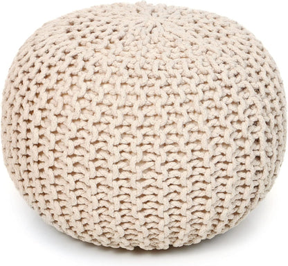 REDEARTH Round Pouf Ottoman –18"x18"x14" Hand-Knitted Cotton Pouffe –Cable Footstool –Boho Dori Hassock –Pre-Stuffed Poof – Extra Seat -Poofy Footrest for Living Room, Bedroom, Nursery, Nook –Ivory