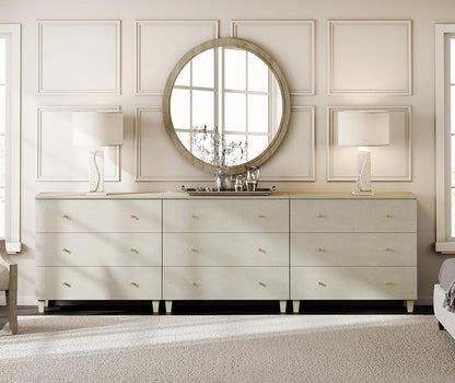 WAMPAT Dresser with 9 Drawers for Bedroom, 106" Wide Wooden Chest of Drawers, Modern Long Dressers Closet Storage Organizer with Solid Wood Legs for Living Room, Kids Room, Nursery, Beige