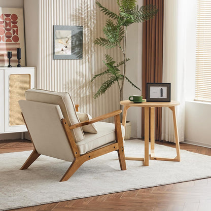 Karl home Accent Chair Wide Armrest Mid-Century Lounge Chair Linen Fabric Armchair with Lumbar Pillow & Solid Wood Frame for Living Room, Bedroom, Balcony, Beige