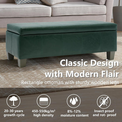 Green Faux Leather Ottoman with Storage, Rectangular Extra Long Storage Bench for Bedroom and Living Room