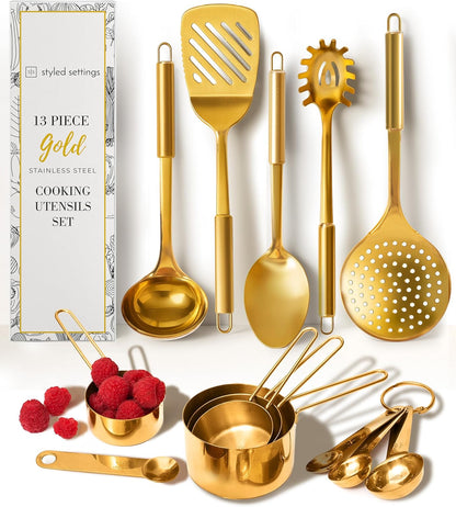 Gold Cooking Utensils with Measuring Cups and Spoons Set - 13-Piece Luxury Gold Kitchen Accessories Includes Metal Measuring Cups and Spoons for Baking, Cooking, and Elegant Kitchen Decor