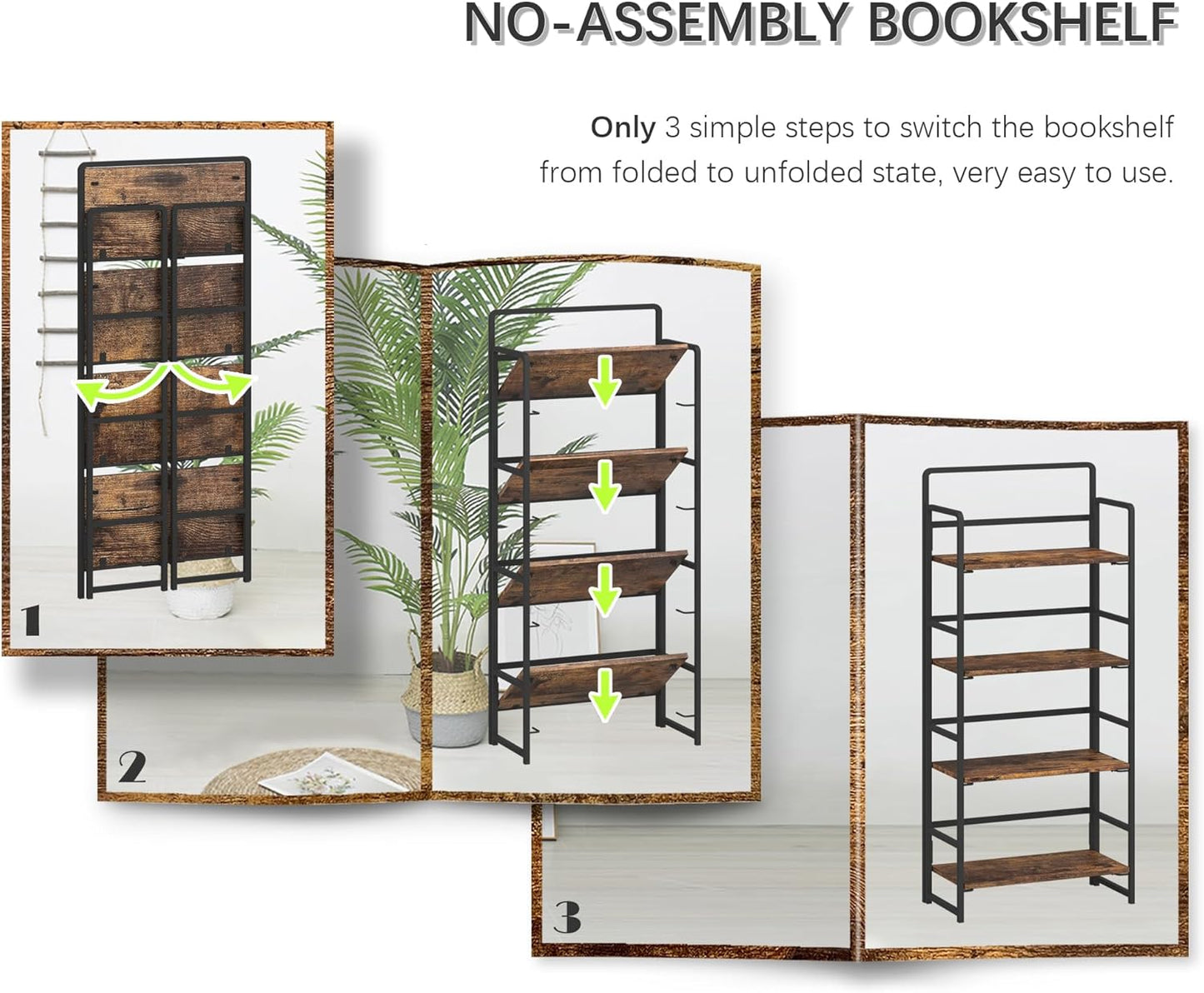 4NM No Assembly Foldable Bookshelf, 4-Shelf Collapsible Bookcase Storage for Small Spaces, 54" H, Rustic Brown and Black