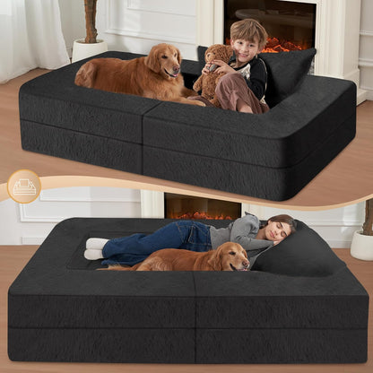 Folding Bean Bag Chair for Adults,3-in-1 Bean Bag Couch Faux Fur Floor Sofa Large Beanbag Convertible Bean Bag Sofa Bed with Pillow in Bedroom,Living Room,Apartment(Twin,Black)