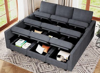 Belffin Corduroy Modular Sectional Sofa 9 Seat Convertible Sectional Sleeper Sofa Bed with Storage Ottomans Modular Sectional Couch Bed for Living Room Dark Grey
