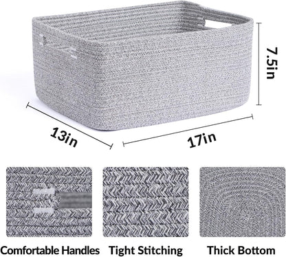 Large Storage Baskets for Shelves, Closet Organizers Bins for Clothes Blanket Towels, Baby Nursery, Toy Baskets Box, Woven Rope Baskets, 17 x 13 x 7.5”, 3 Packs Mixed Grey